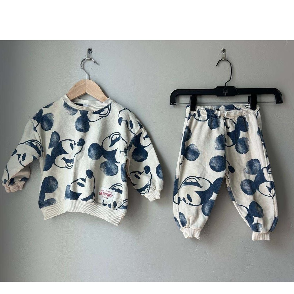 Zara Disney Mickey Mouse Sweatshirt Jogger Set Cream Navy 2T Retro Y2k